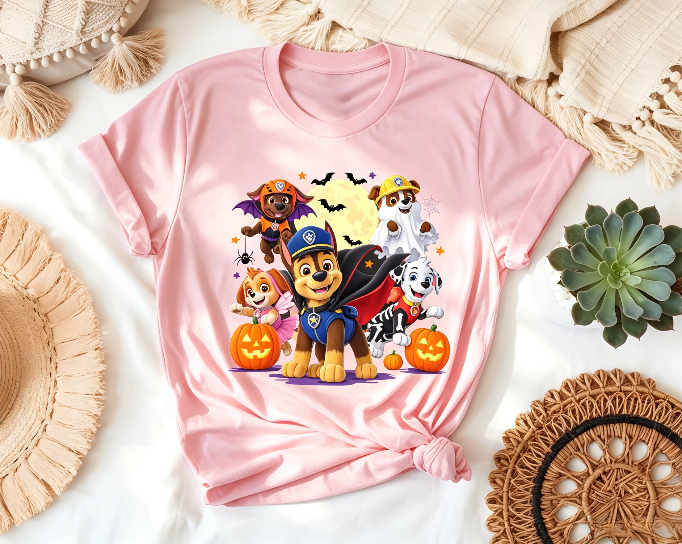 Cartoon PAW Patrol Toddler Cotton T‑Shirt Halloween Costume Puppy Pumpkin Bat Graphic Short Sleeve Tee Boys Girls Kids Tops