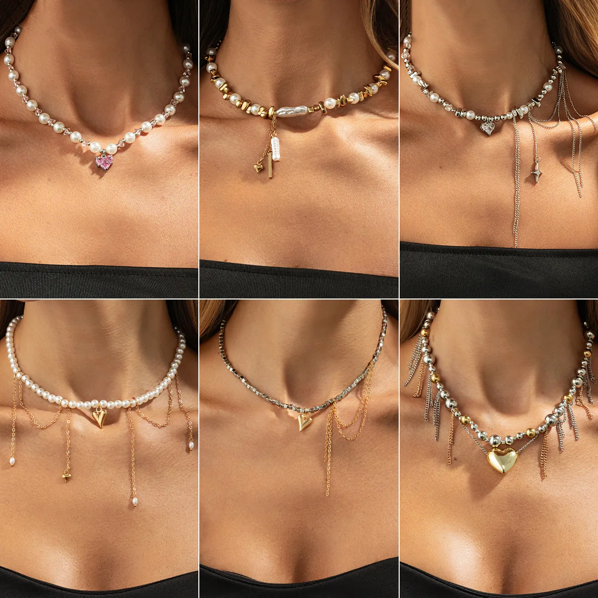 Choker Heart Faux Pearl Tassel Gothic Vintage with Sturdy Adjustable Silver Tone Chain for Women Daily Party Elegant