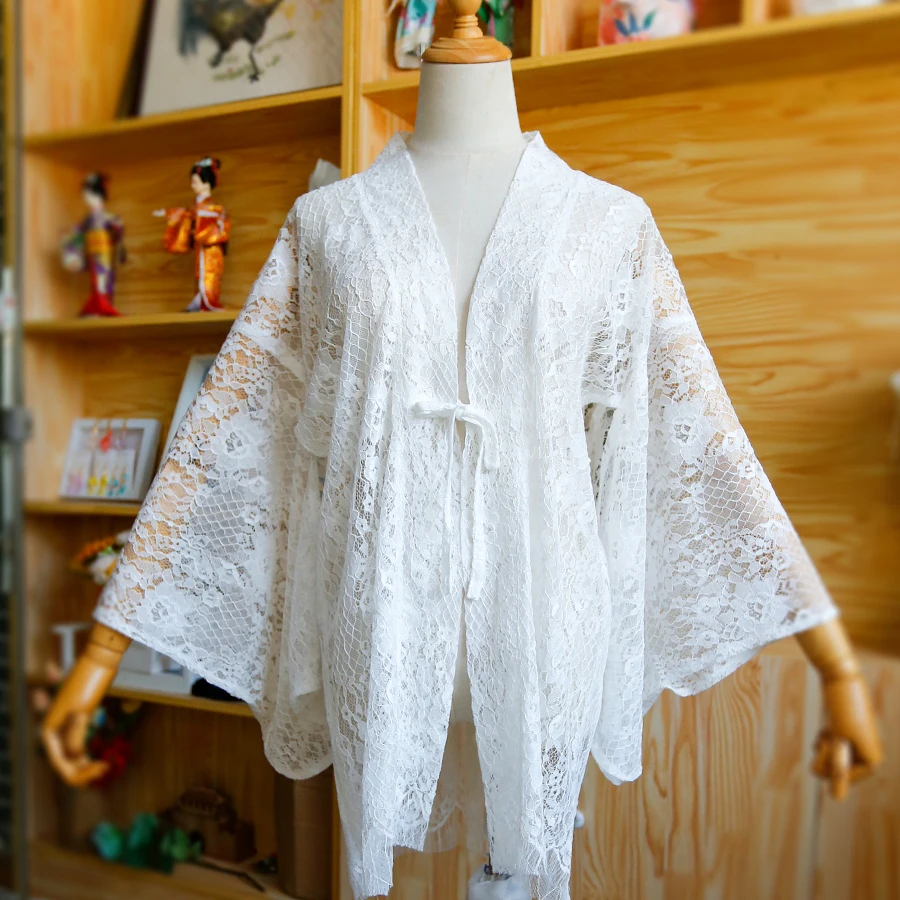 

Japanese Kimono Cardigan Floral Lace Hollow Top Lace Up Summer Shirt Haori Coat Middle Length