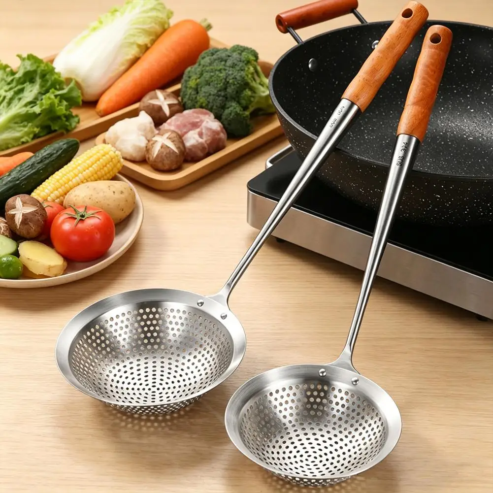 Rivet Reinforced Handle Colander Stainless Steel Skimmer with Wooden Handle Heavy-duty Fine Mesh Strainer Kitchen for Frying