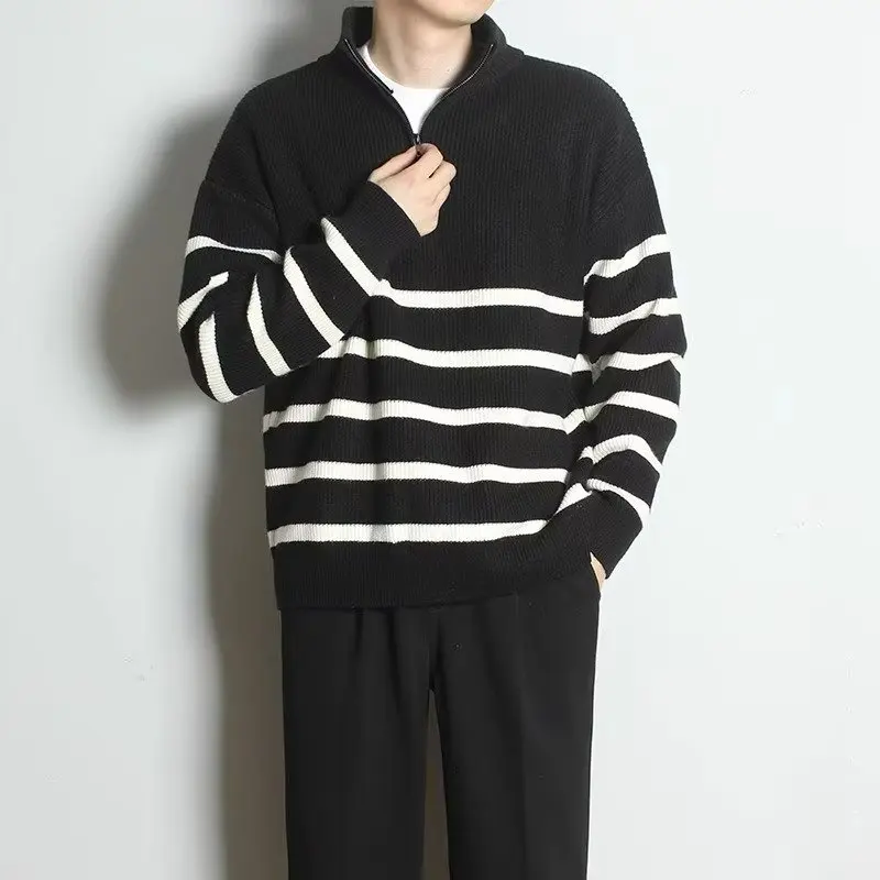 

2025 Autumn Winter Men's Comfortable Zipper Design Loose Knitted Sweater round Ne Casual Faionable Polyester Fiber Long S...