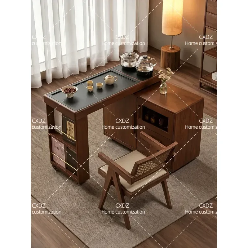 Wooden Square Tea Table New Chinese Style Household Tea Making Integrated Table Mobile Tea Cart for Balcony Small Apartment