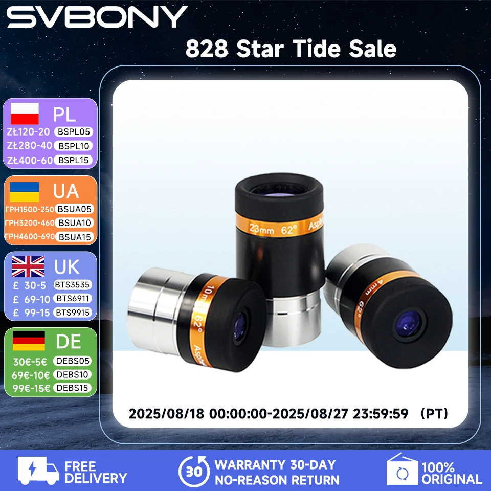 SVBONY Oculari 4/10/23mm Telescopi Lente grandangolare 62 gradi Oculare asferico HD completamente rivestito Accessorio per telescopio astronomico da 1,25 pollici