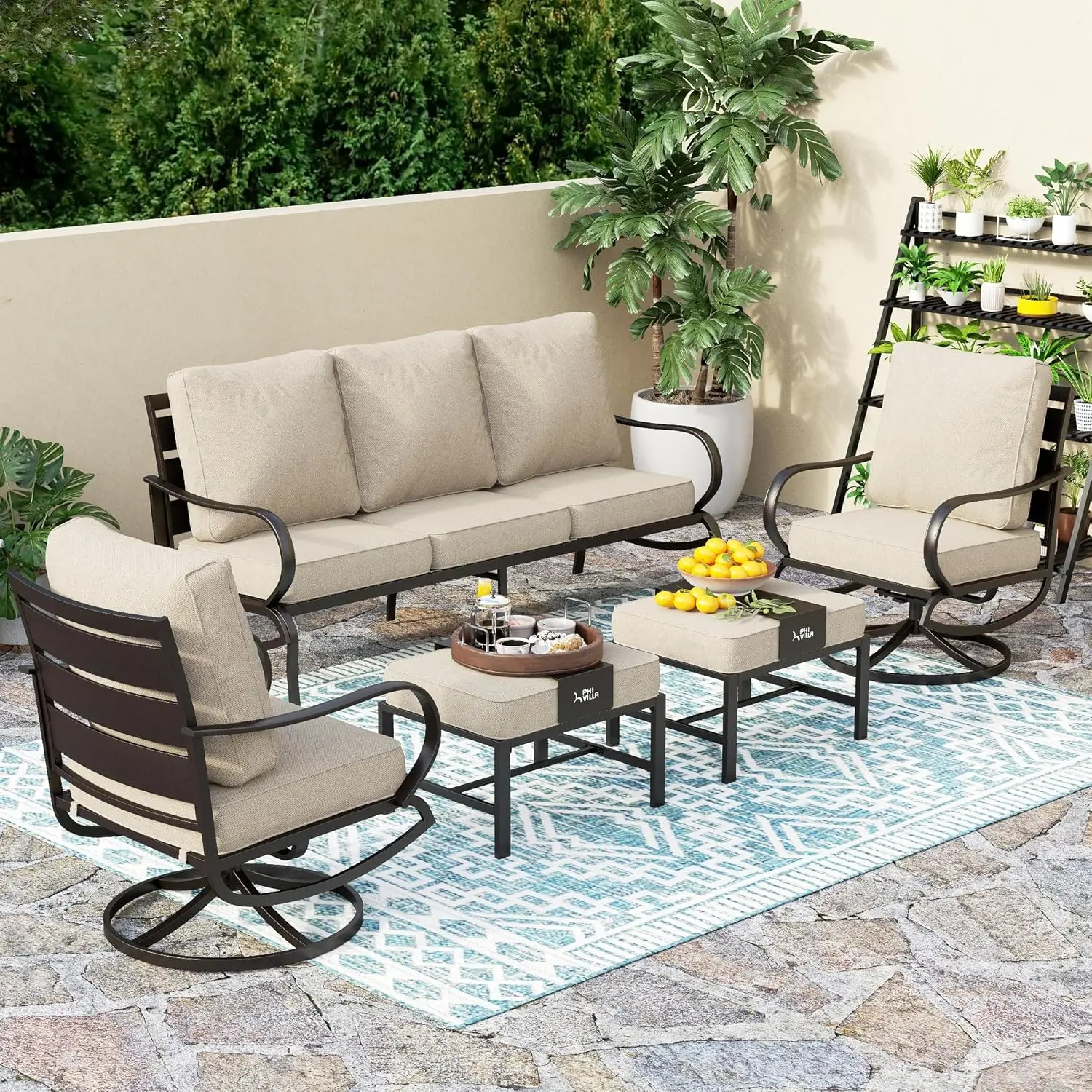 

5 PCS Patio Furniture Set, Metal Outdoor Furniture Set With 1 X 3 Seater Deep Seating Bench, 2 X Swivel Sofa Chairs, Customized