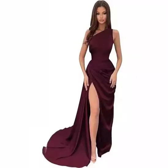 

Shoulder wrap bridesmaid long split pleated satin mermaid wedding party dress party sexy temperament elegant high-end clothing d