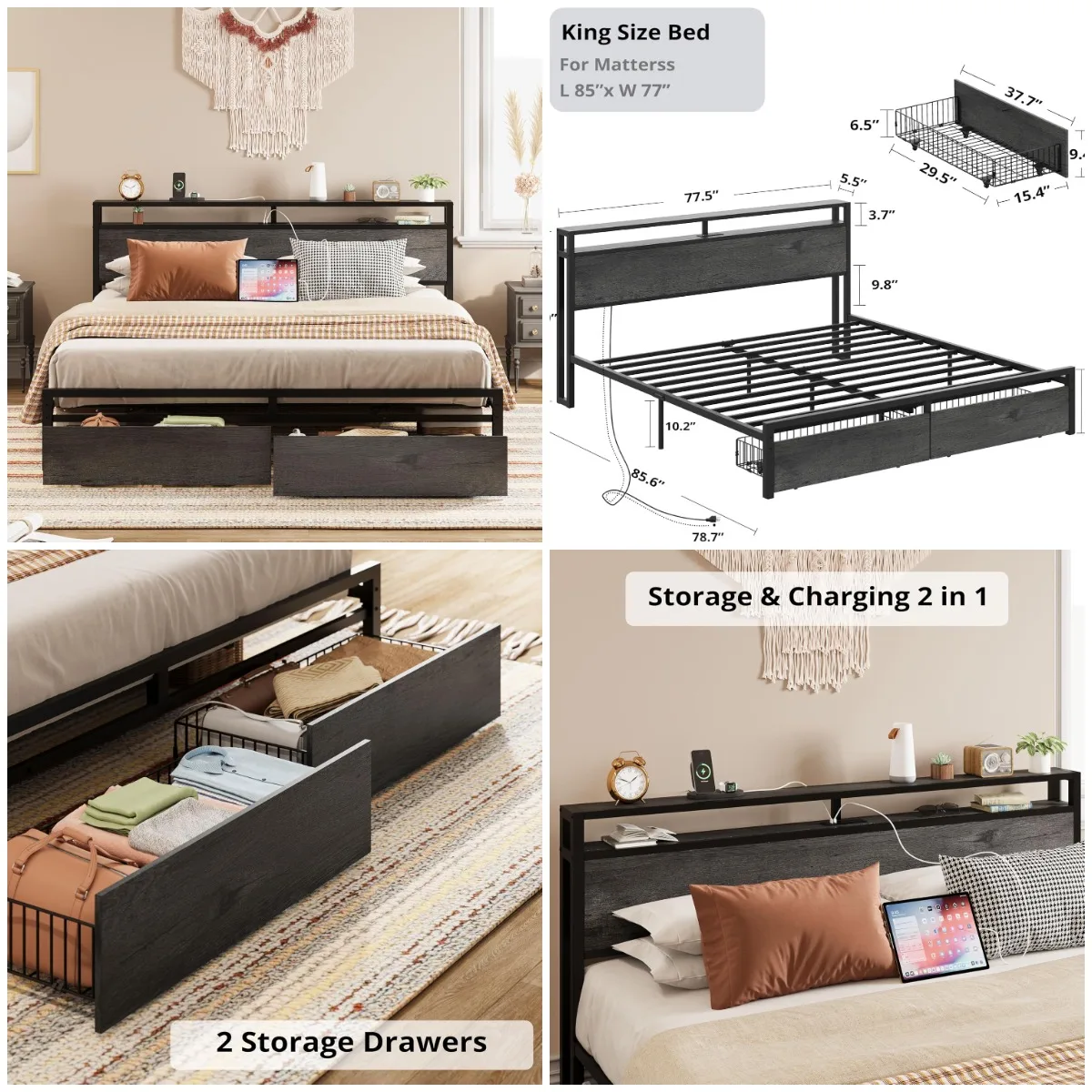 

King Bed Frame with Storage Headboard, Platform Bed with Drawers & Charging Station, Charcoal Grey