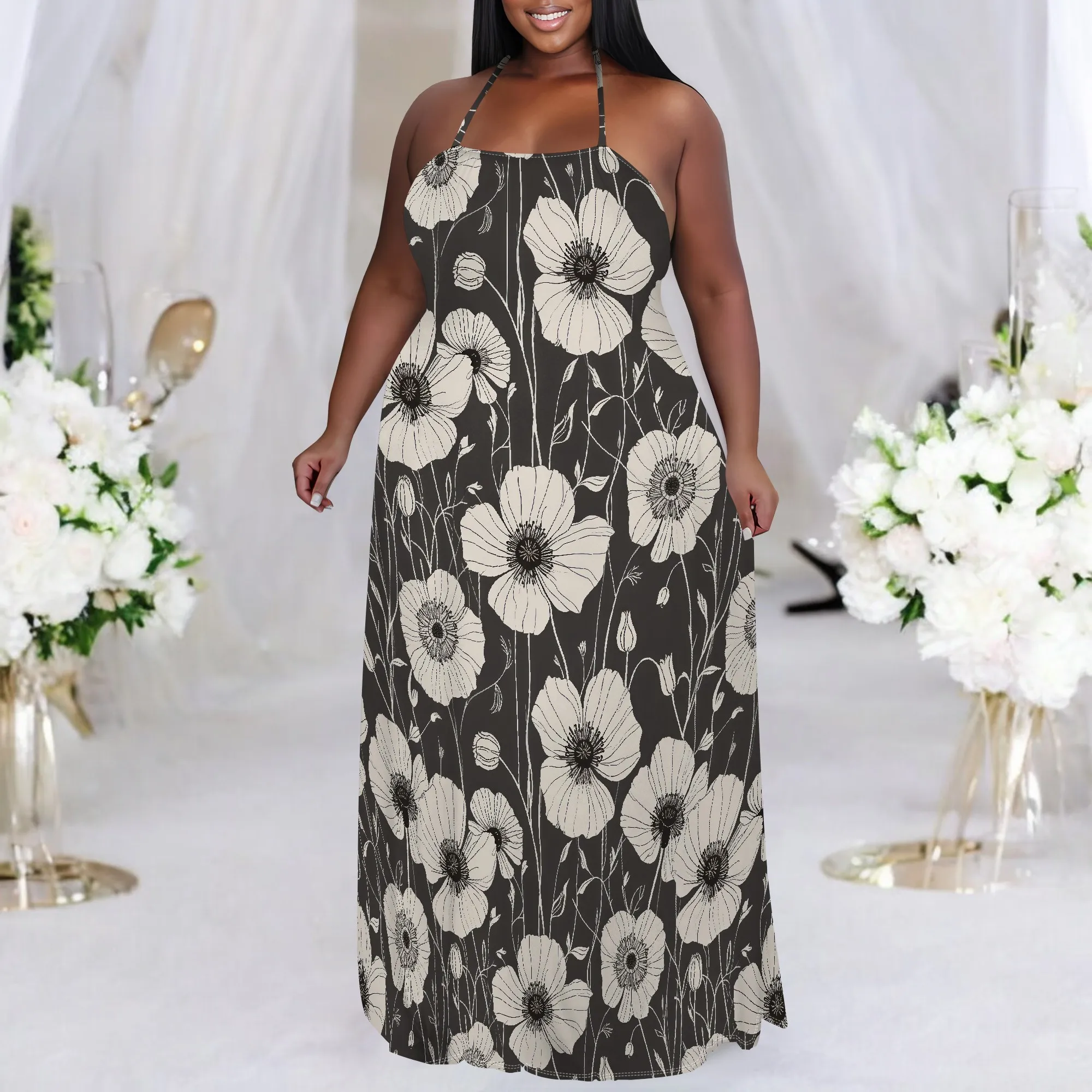 

Women's Summer Sundress Casual Oversize Floral Sleeveless Boho Beach Halter Neck Flowy Strap Dresses for Women