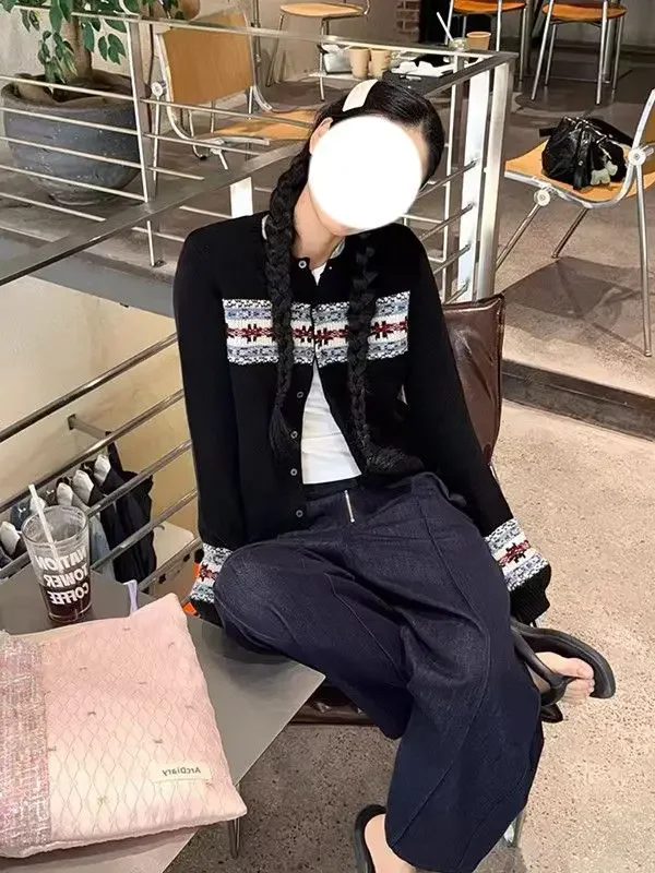 

Black Fair Isle Sweater Jacket for Women 25 Autumn New High-end Lazy Style Loose Short Knitted Cardigan