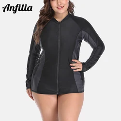 Anfilia Women's Rashgurd Top Plus Size Long Sleeves Zipper Swimming Shirts UPF50+ UV-Protection Rash Guard