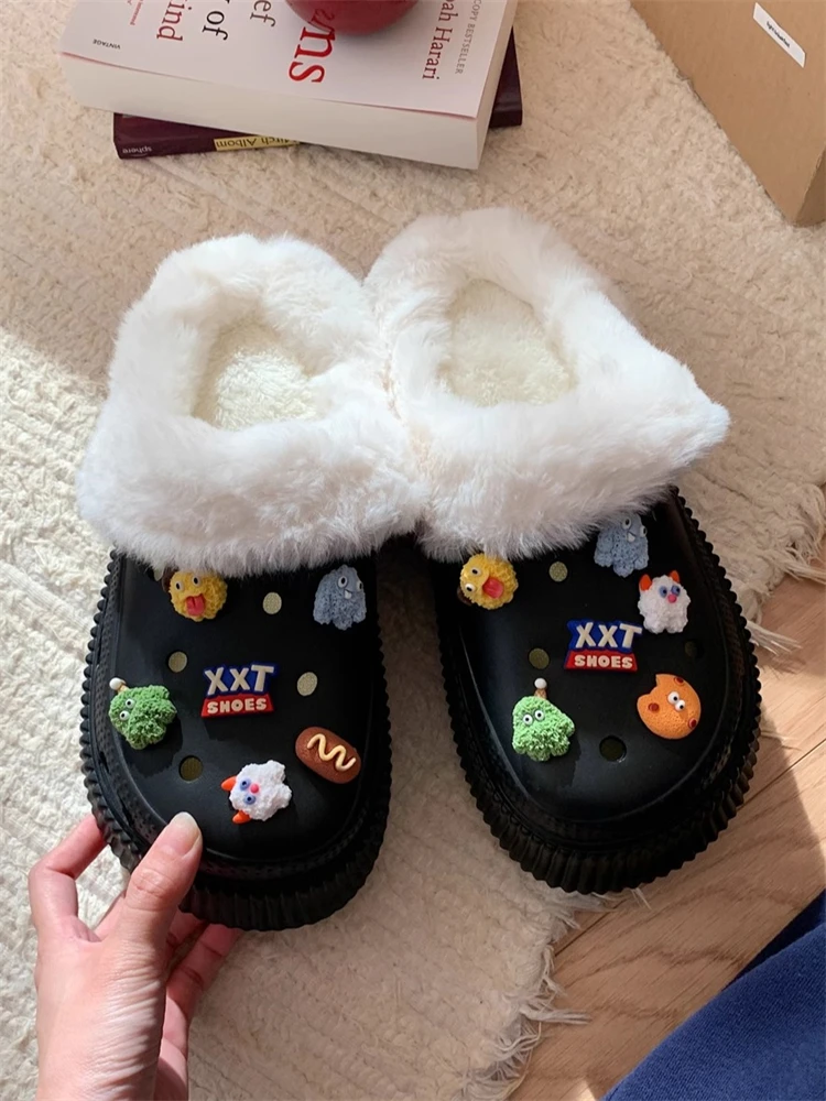 Plush Garden Shoes Little Monster Fun Hole Shoes Raised Thick Soles For Winter Warmth And Plush Home Cotton Slippers