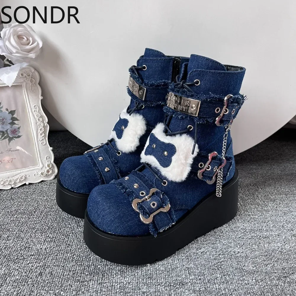 Womens Round Toe Platform Ankle Boots Wedge High Heel Metal Chain Creepers Japanese Harajuku Dark JK Shoes Warm Winter New 2024