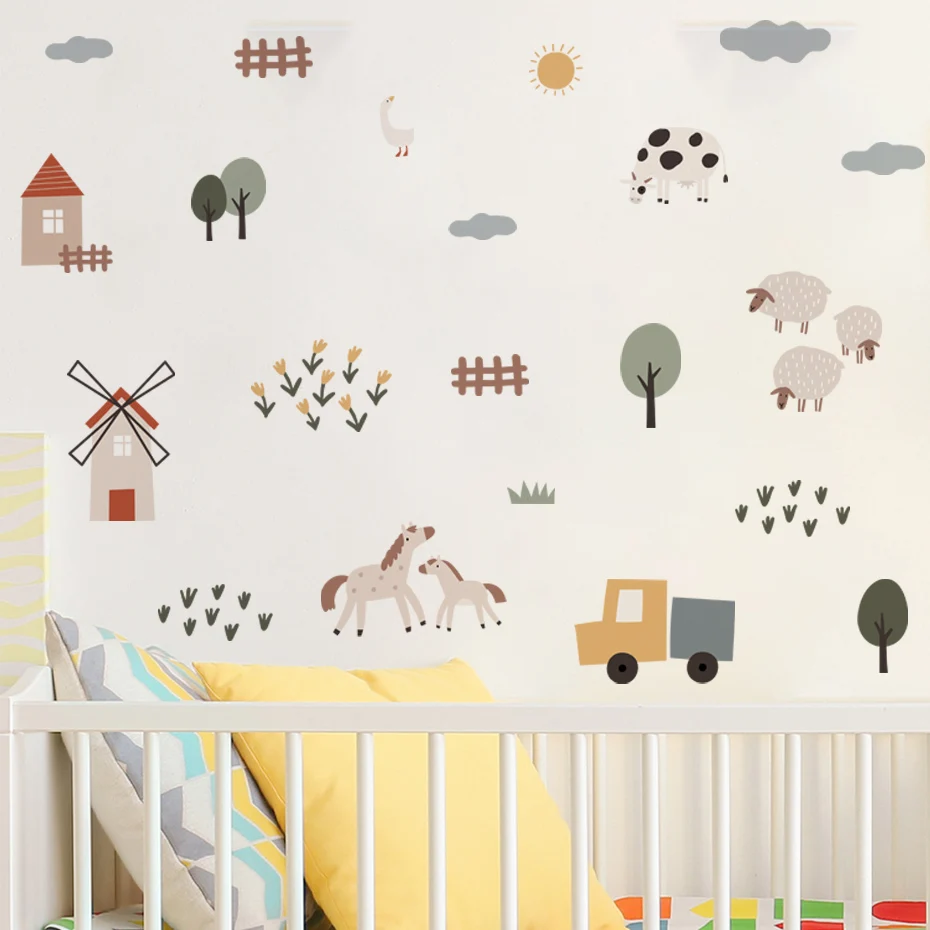 Boho Watercolor Cartoon Cows Farm Animal Car Vinyl Wall Sticker Removable Decals Kids Nursery Baby Bedroom Home Decor