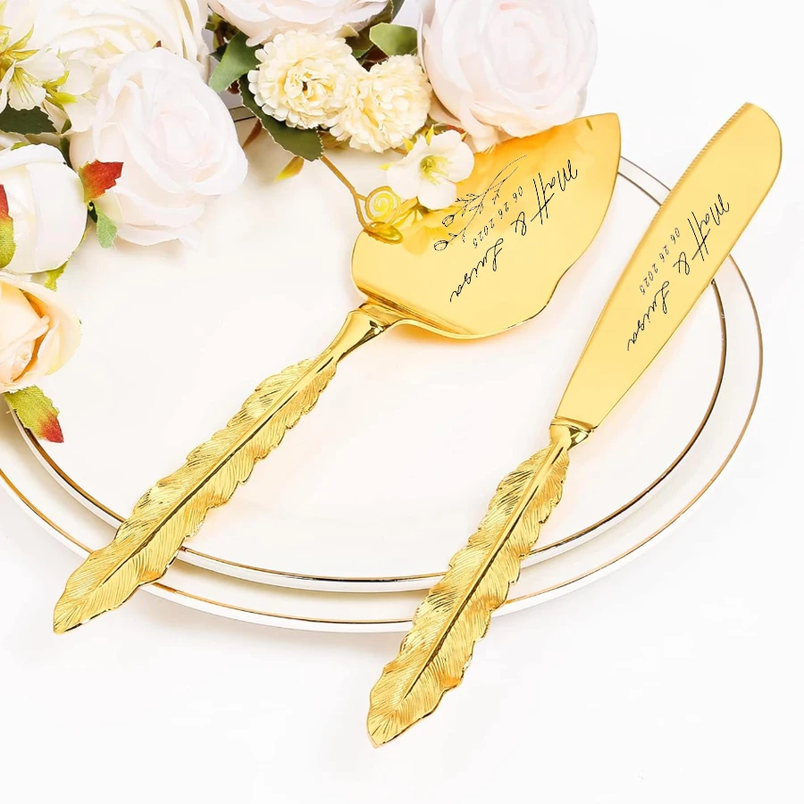 

Gold Cake Cutting Knife Set Wedding Personalized Cake Knife Feather Handle for Wedding Anniversary Gift, Bridal Shower Gifts