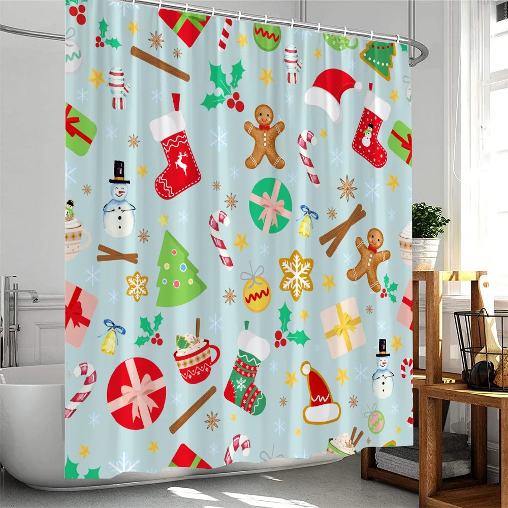 Christmas Cartoon Shower Curtain Santa Claus Xmas Tree Elk Snowflake Merry Christmas Bathtub Decor Polyester Fabric Bath Curtain