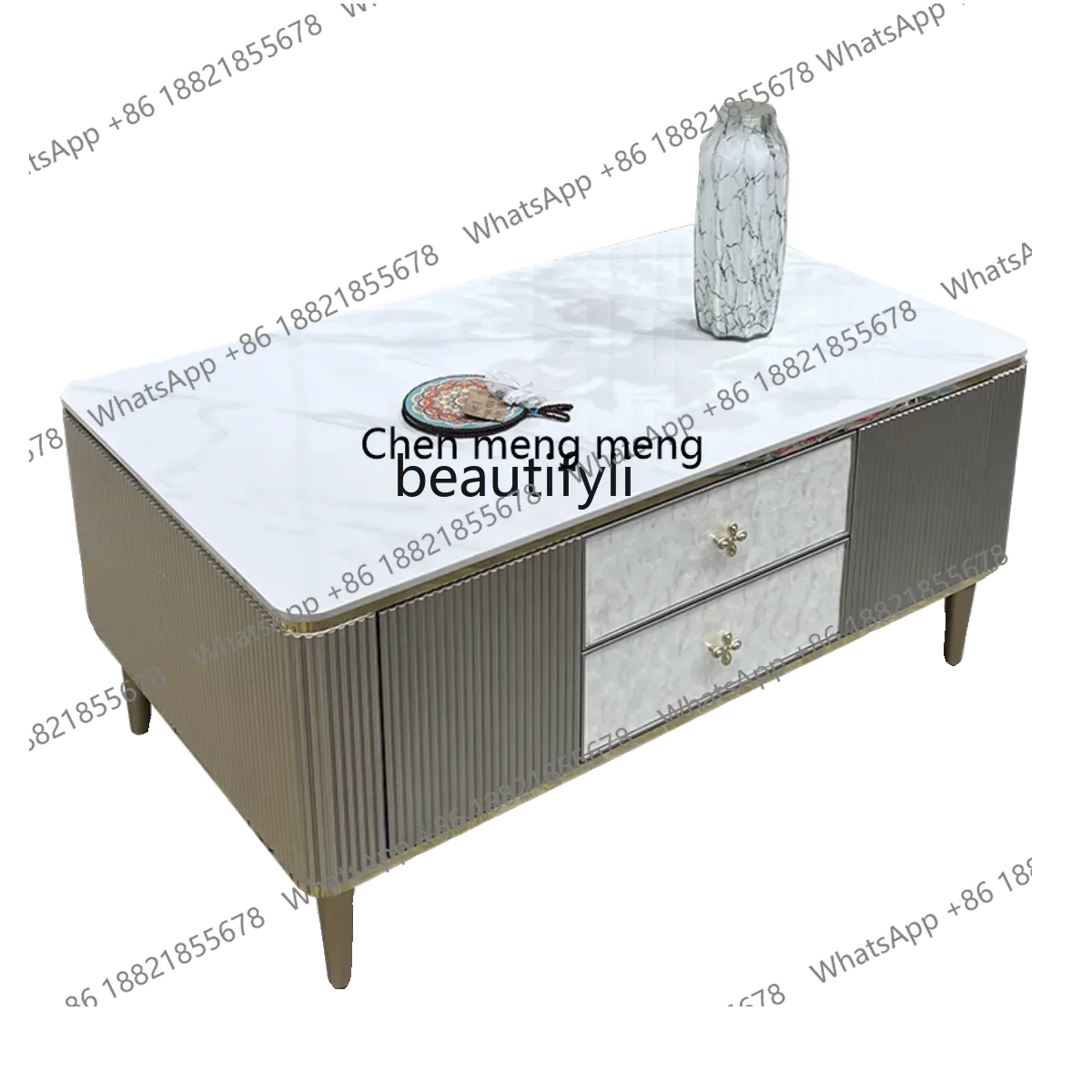 

182QItalian Light Luxury Sofa and Tea Table Entrance Stone Plate Modern Minimalist Small round Table Side Cabinet Solid Wood