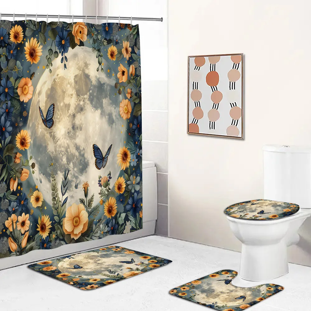 Full Moon Shower Curtain Set Crescent Pink Rose Plant Herb Butterfly Astrology Dark Bathroom Decor Bathtub Mat Toilet Lid Cover