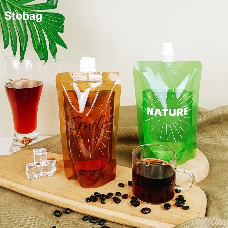 StoBag 100pcs Wholesale Transparent Liquid Nozzle Drinking Bag Coffee Beverage Packaging Clear Plastic Juice Sealed Pouches