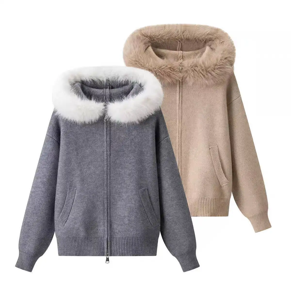 

2026 Autumn/Winter Fashion Women's Cardigan Sweater Gray Loose Casual Soft Hooded Fur Collar Long Sleeve Knitted Cardigan