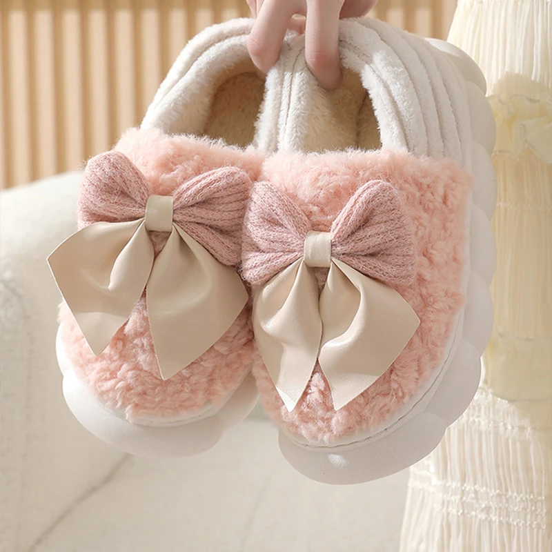 Winter Women Cute Bow Cotton Slippers Non Slip And Warm Soft Soled Home Slippers Multi Colored Home Bag Heel Plush Slippers