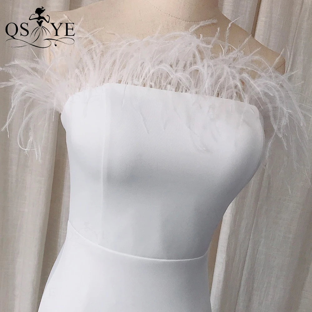 White Simple Wedding Dresses Off Shoulder Ostrich Feather Bridal Gown Plain Satin Sheath Open Split Bride Wedding Marriage Gown