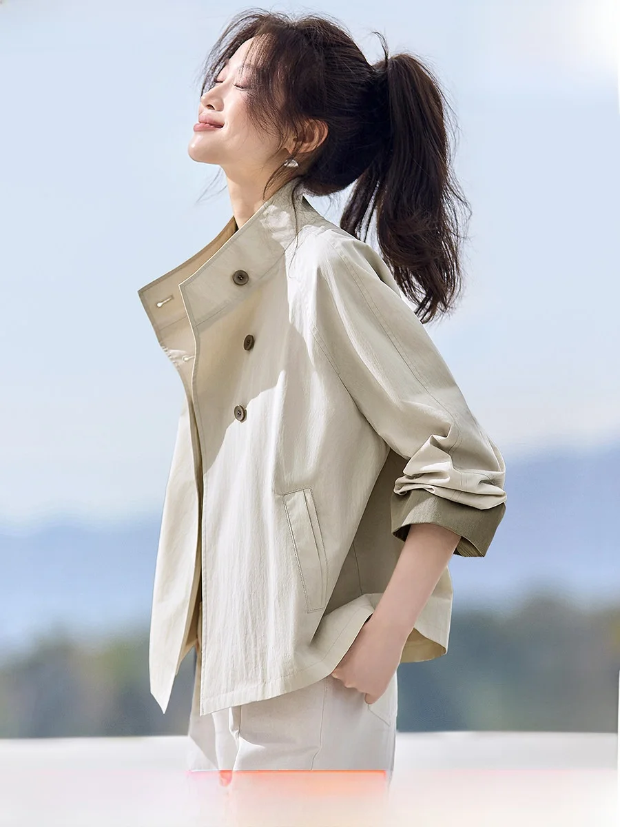 

Mehaimei Korean Sle ort Stand Collar Smooth Cut Women's Jaet Spring 2026 New Arrival Cotton Nylon Fiber Seven Sve