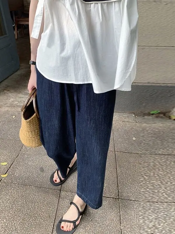 

High Waist Wide Leg Silk Denim Pants Women's Summer Thin Elastic Belted Scythe Pants plus Size Fashion Ladies Jeans