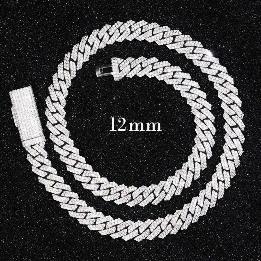 Luxury 12mm Wide 2rows Ice Out Vvs Mossanite Cuban Chain S925 Solid Silver Gold Plated Cuban Link Chain Hip Hop Necklace.