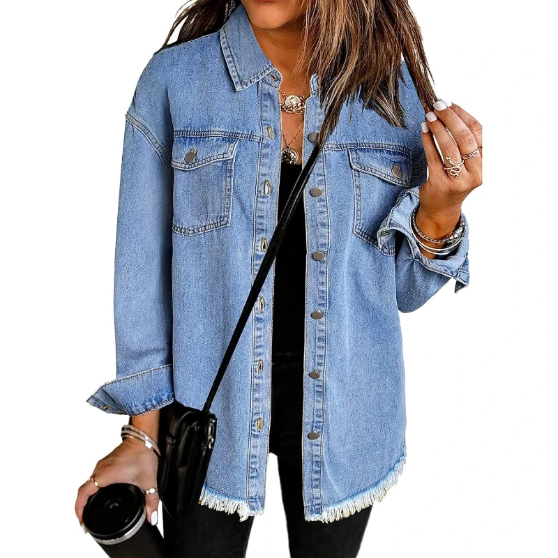 

Women's Oversized Button Up Frayed Hem Shacket Long Sleeve Pockets Denim Jean