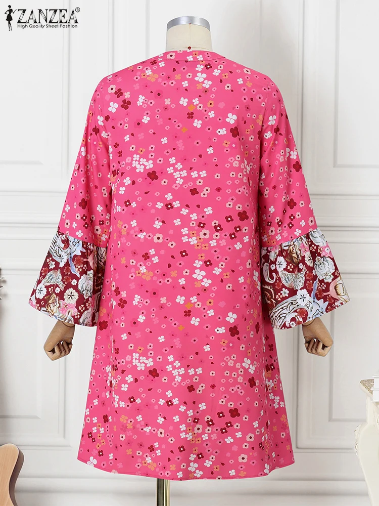 Zanzea boêmio feminino vestidos de festa manga longa floral impresso na altura do joelho vestido de verão 2025 outono casual vintage babados vestidos