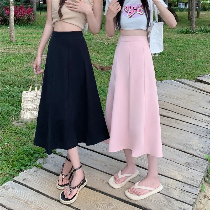 Pink Black Modest Flowy Long Maxi Skirts High Waisted Egirl Flared Clothes A Line Midi Harajuku Basic Plain Chiffon Mujer Faldas