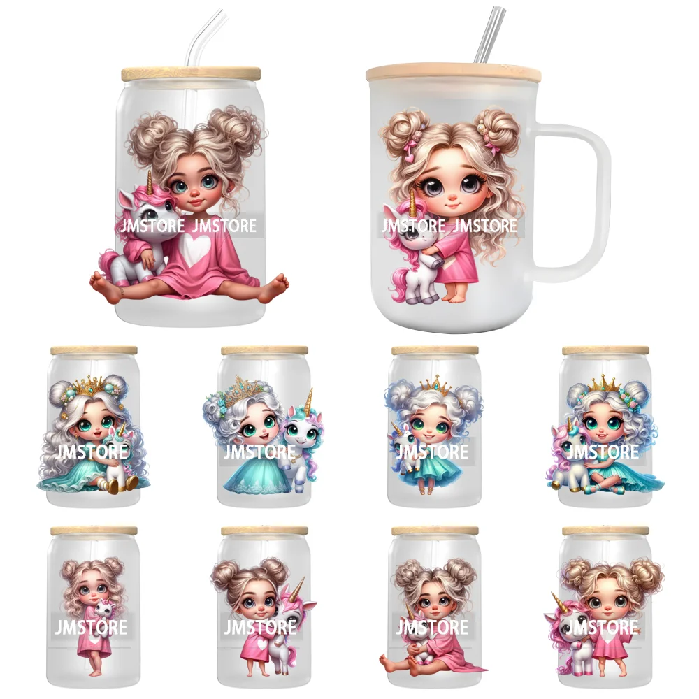Sweet Girl With Baby Unicorn UV Sticker Decals For Libbey Cold Cups Mug Tumbler Transfer Stickers Waterproof High Quality Labels