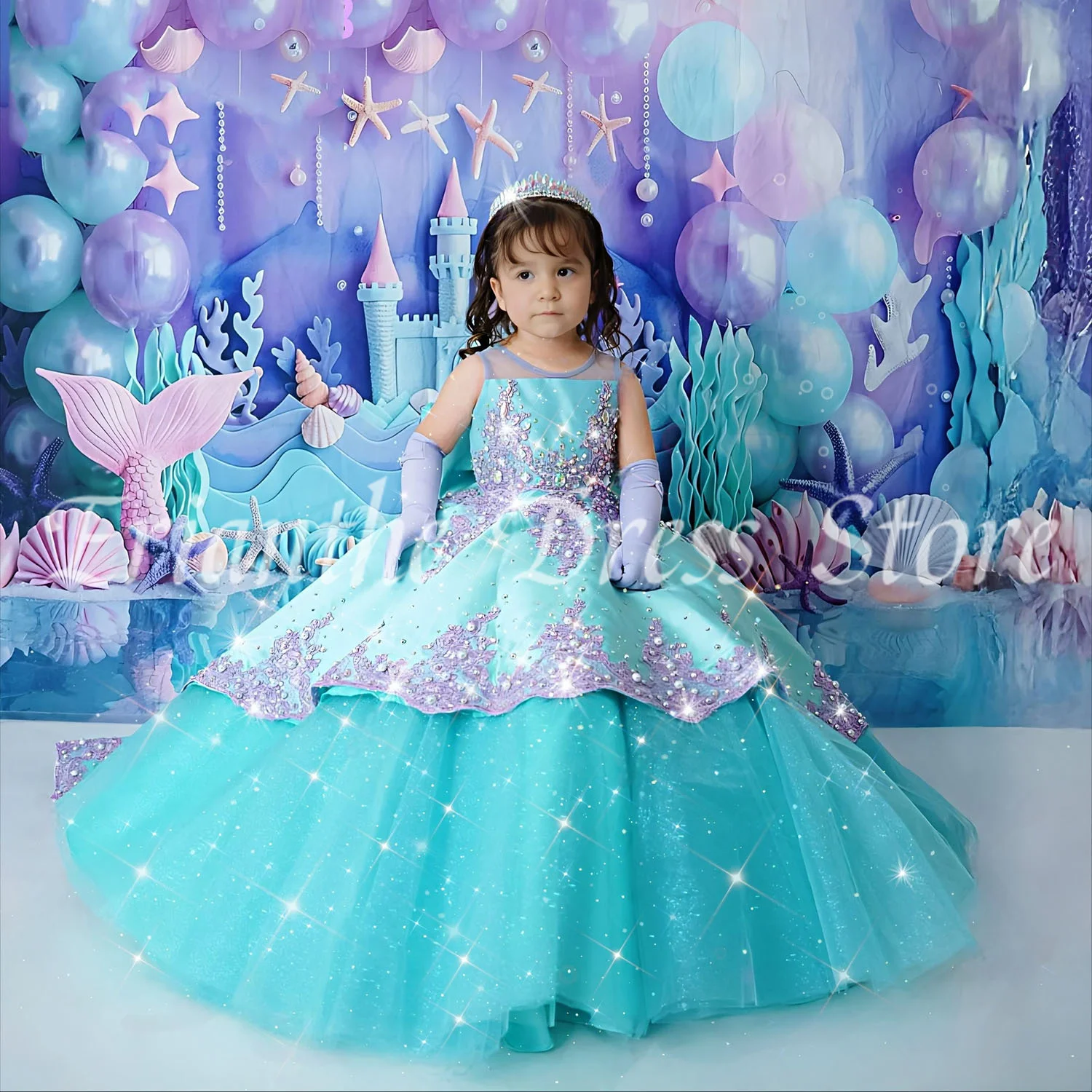 

Sparkling Flower Girl Dress For Wedding Tulle Puffy Beading With Bow Kids Birthday Party First Communion Ball Gowns Customized