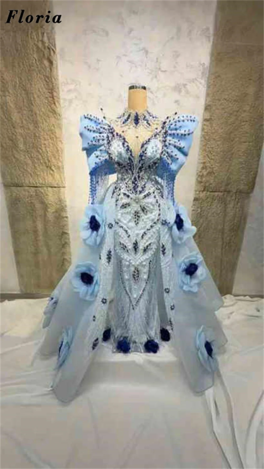 Elegant Blue Beading Evening Dresses With Detachable Skirt Customized 3D Floral Crystals Wedding Party Gowns Cocktail Prom Dress