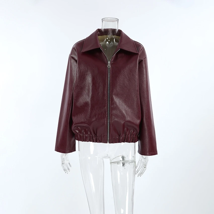 Jaet in pelle PU da donna allentata Autunno Inverno Nuovo Sle Chiusura con cerniera Moto Sle Colletto Flip Capispalla Lungo Sve