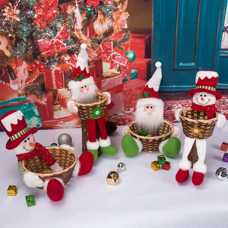 Cesta de decoração de natal papai noel boneco de neve suporte de doces cesta de frutas ornamento de mesa natal doces cesta de vime presente do festival