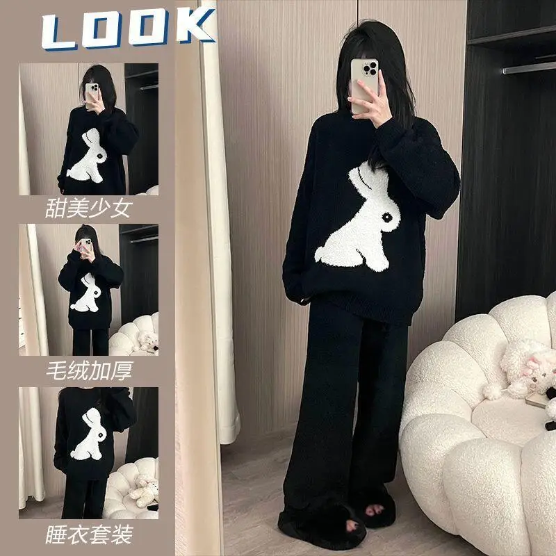 

Осенне-зимний женский пижамный комплект с рисунком полуворса, пижама на флисовой подкладке, сохраняющая тепло, домашняя одежда, новая носимая верхняя одежда, кавайная одежда для сна