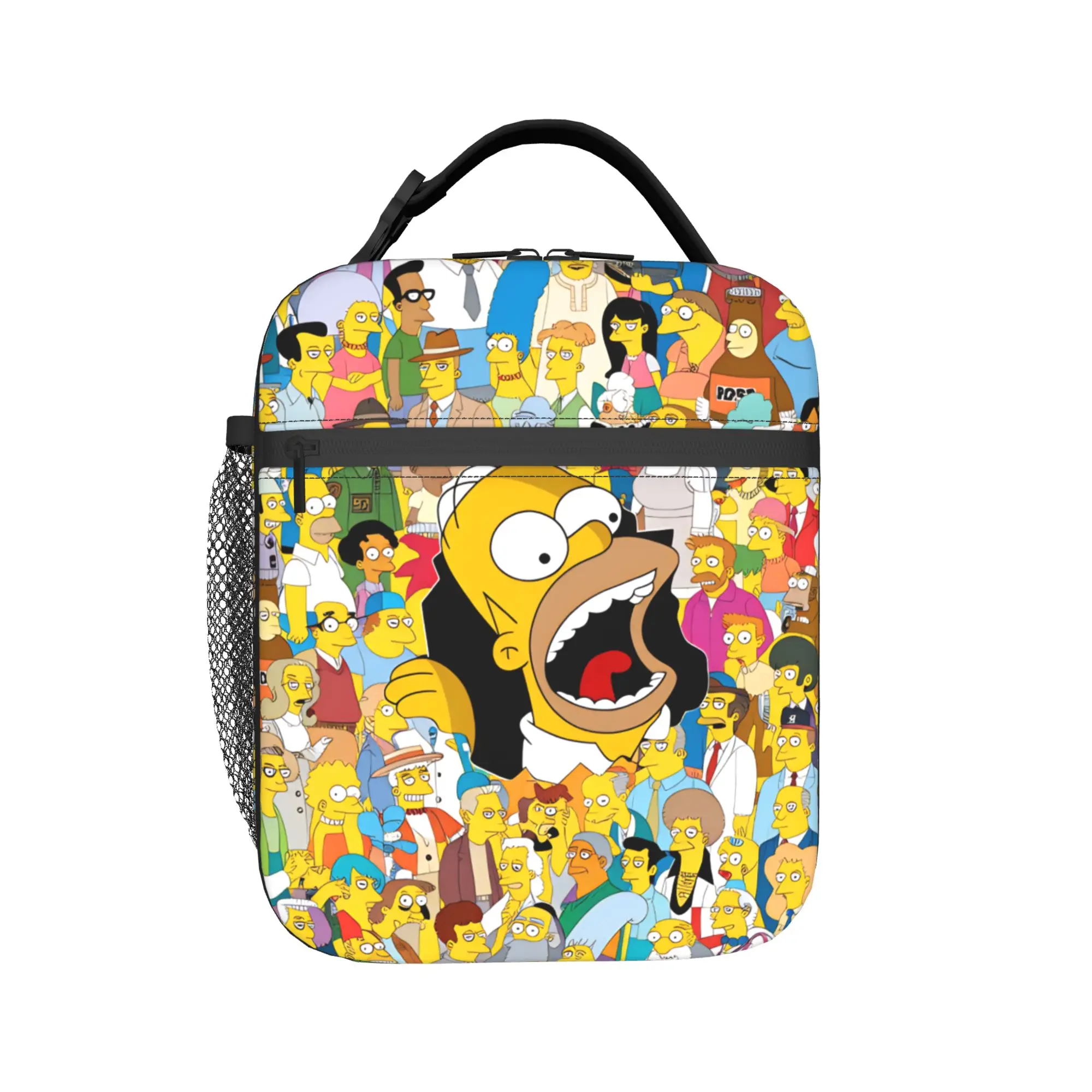 S-Simpsons Characters Crowd Scene Lunch Bag Portable Insulated Lunch Box Child Picnic Cooler Bag Casual Oxford Tote Handbags