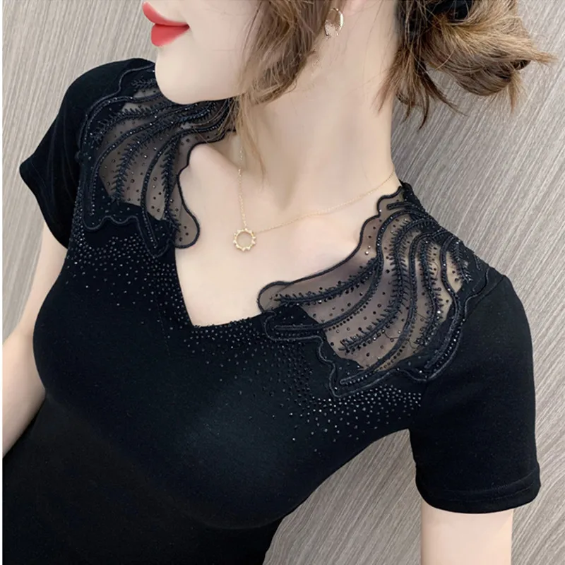 New 2023 Summer Women\'s T-Shirt Fashion Casual Short Sleeved Sexy Hollow Out Hot Diamond Tops Girl Elasticity Cotton Tees Blusas