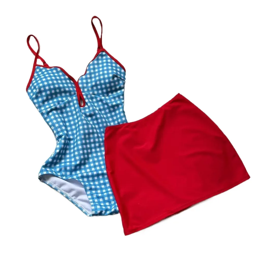 

Slimming Design Plaid Swimsuit Suit Conservative Style Backless Skirt Bathing Suit Fresh Blue Swimwear Bikini Set Pool Party