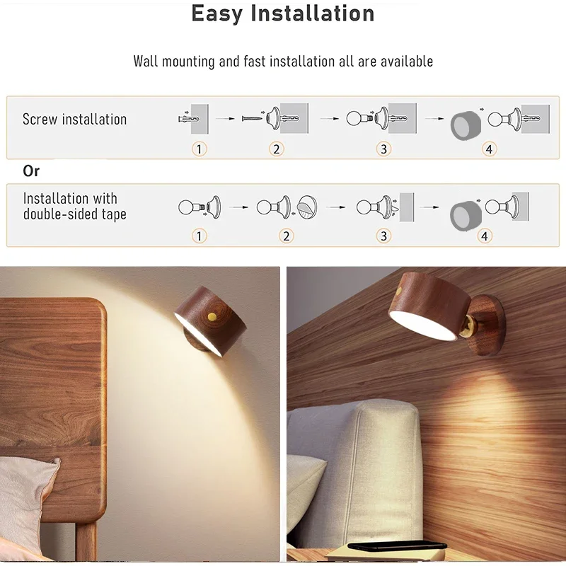 Imagem -06 - Lâmpada de Parede Portátil sem Fio Led Usb Recarregável Luz sem Fio Interior de Madeira Magnética Bed Light Bedside Decor Bedside Luz