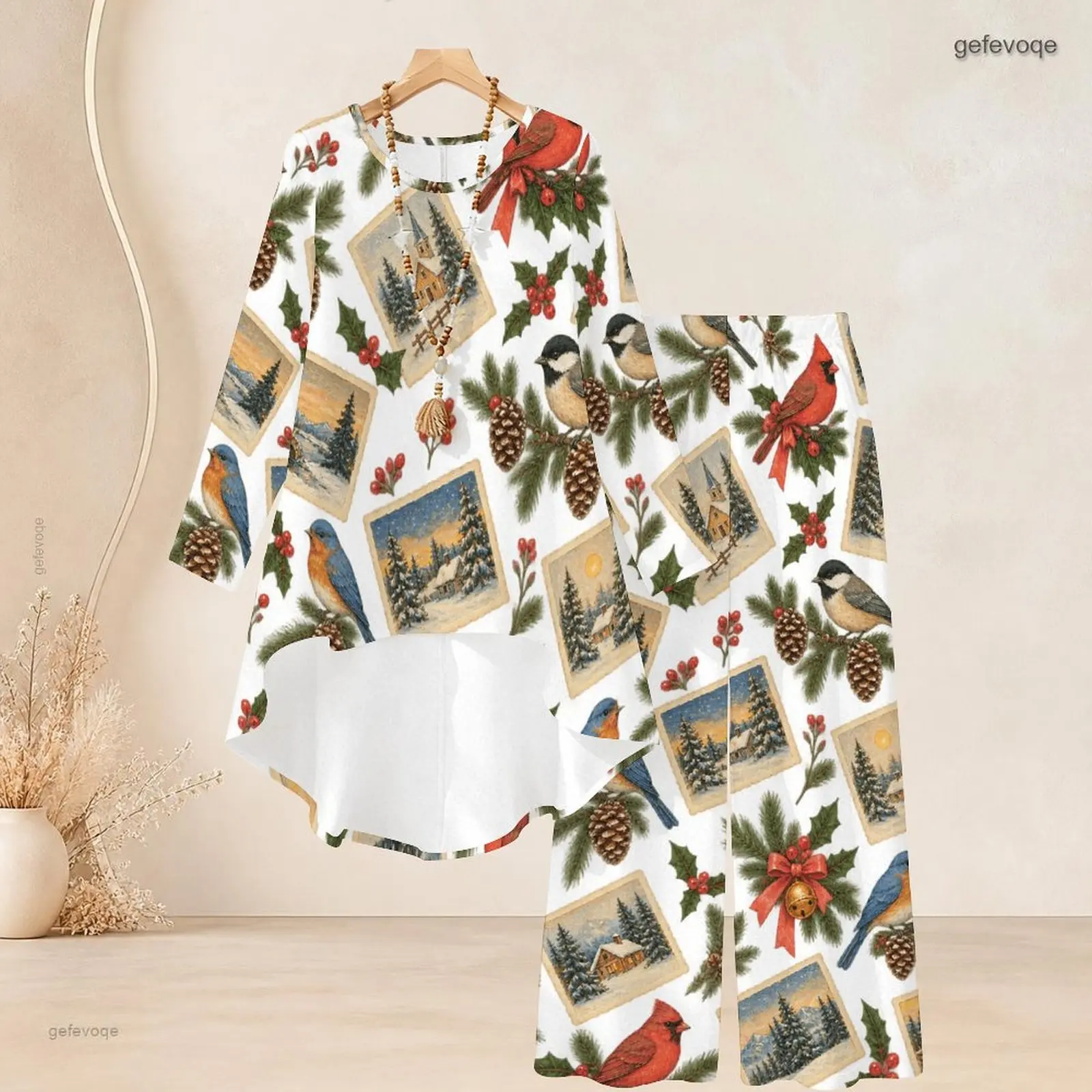 Women Printed Winter Bird Pinecone Holly Berry Vintage Stamp Round Neck Long Sleeve Wide Leg Pants Two Piece Set
