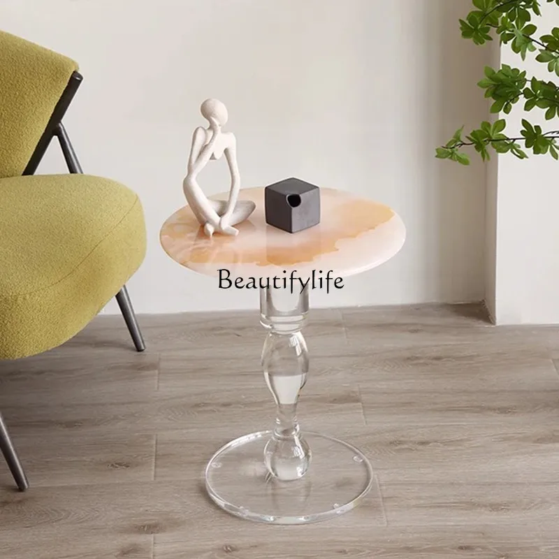 Designer natural powder jade marble small coffee table light luxury acrylic crystal edge table