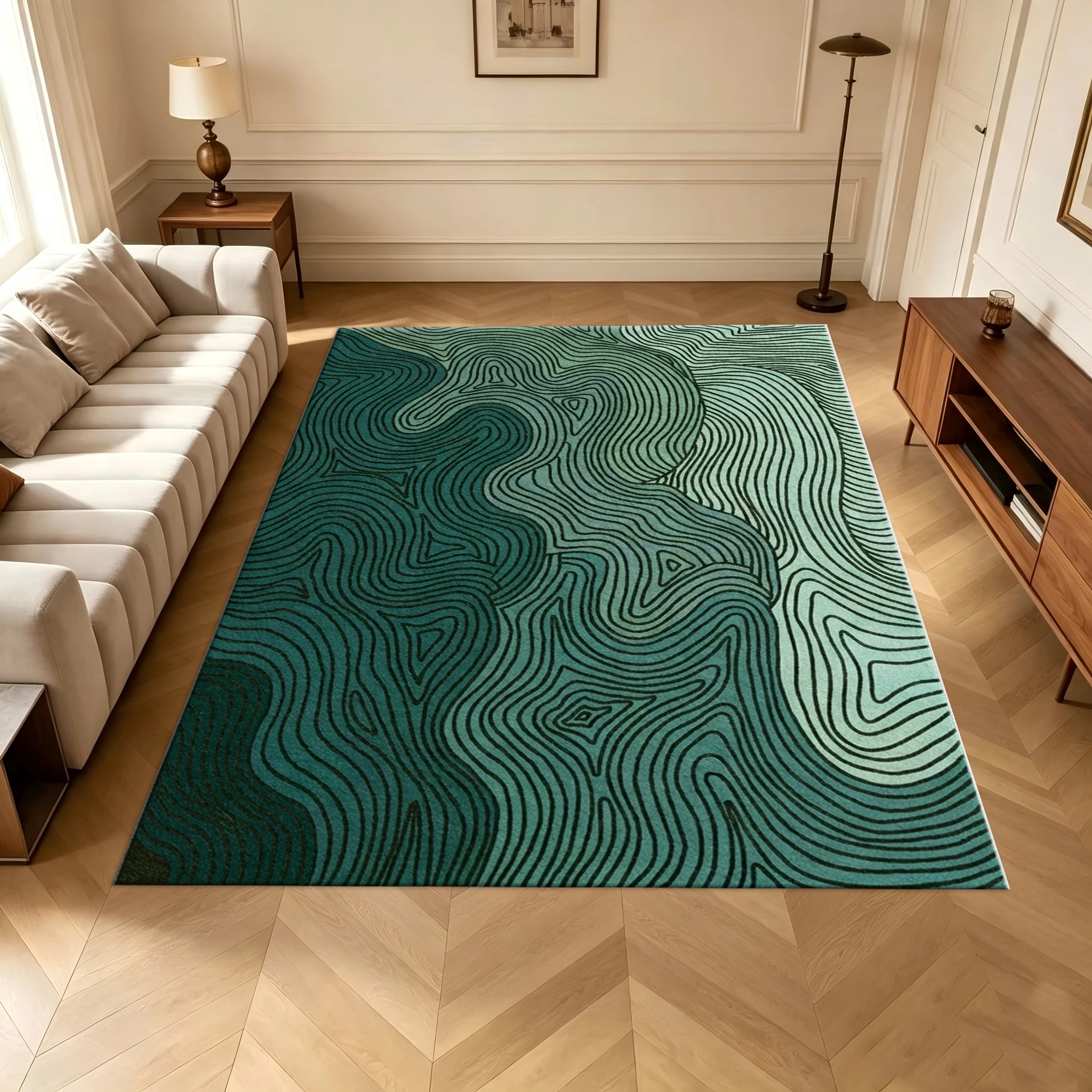 Green Contour Wave Line Carpet Flooring Abstract Nature Style Home Living Room Bedroom Area Rug