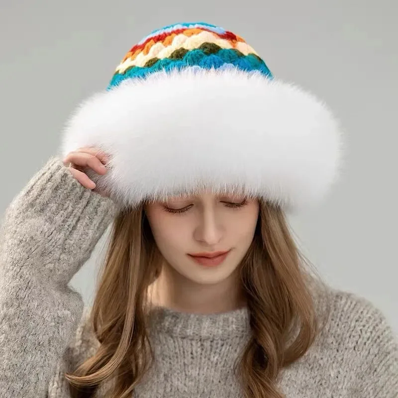 

Women's Winter Fox Fur Hat Flocked Knitting Wool Warm Hats Thick Fur Beanie Cap with Earmuff Female Outdoor Warm Fur Hats