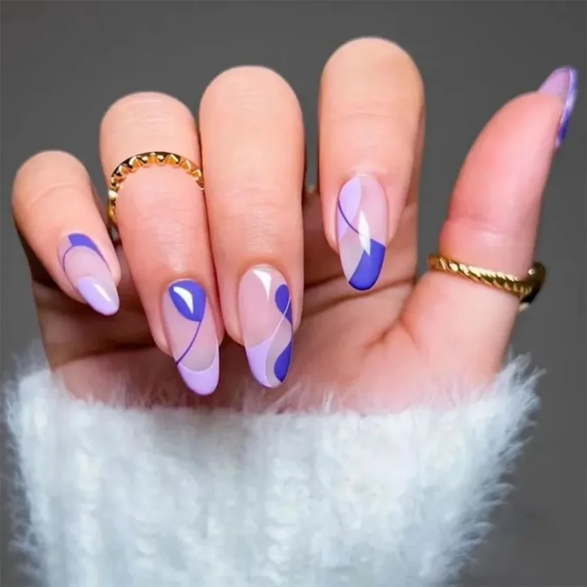 

24Pcs/Set Oval Head Wearing False Nails Almond Blue Abstract Line Design Artificial Fake Nails Art Full Cover Press on Nail Tips