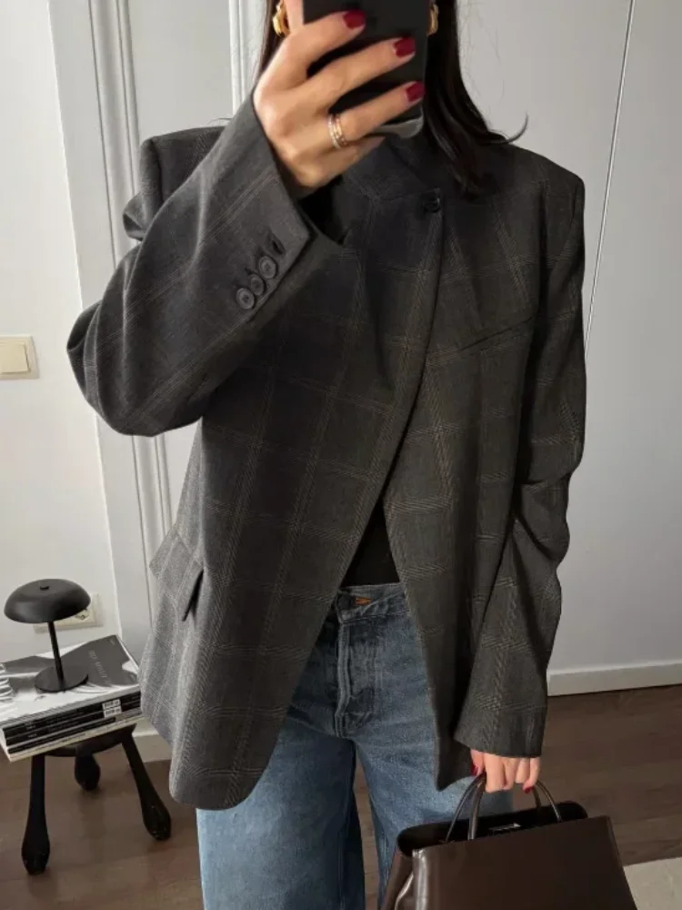 

Women Plaid Print Blazer Jacket Fashion Stand Collar One Button Full Sleeve Loose Short Coat Office Lady Daily Commute Outerwear