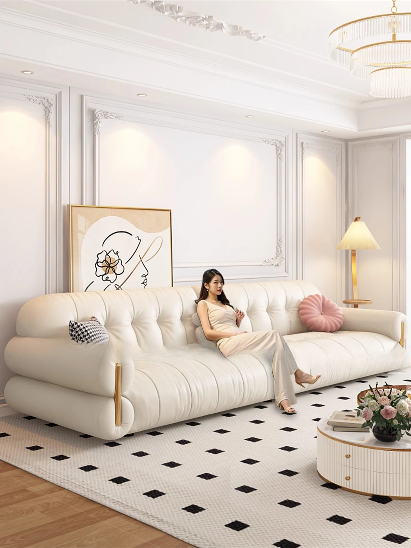 

French cream style leather sofa living room small apartment light luxury retro inline piano keys marshmallow