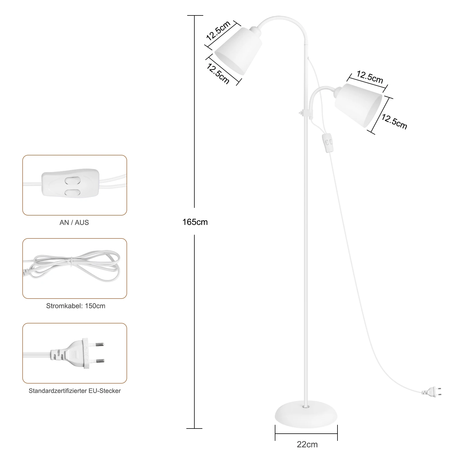 Moderne weiße Stehlampe mit 2 E27-Lampenköpfen, 360 ° Schwenkbare Leselampe, Metall-Stehlampe für Wohnzimmer-Sofa, ohne Glühbirnen – Detail 4