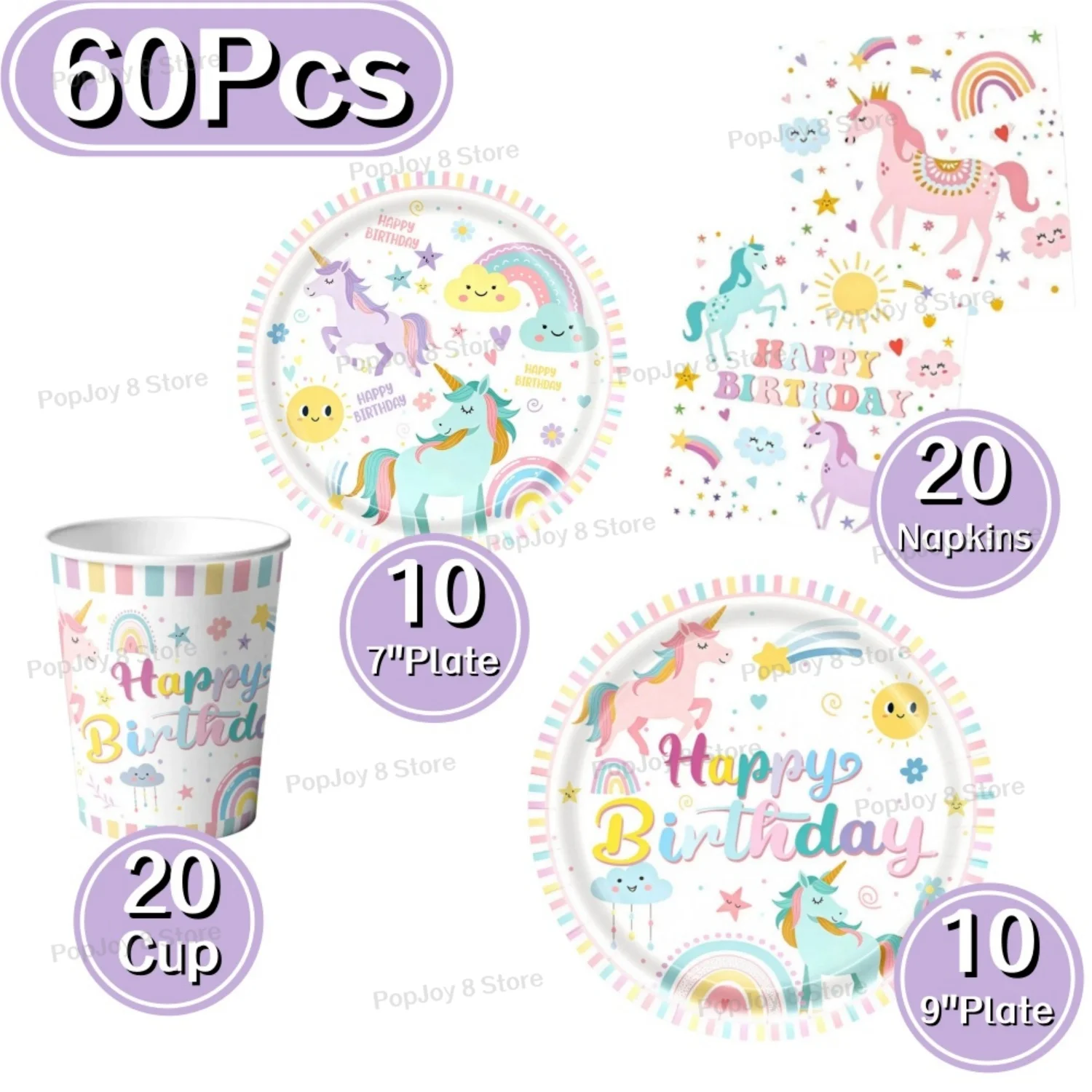 Unicorn Party Supplies Set Rainbow Unicorn Paper Plates Napkins Cups Happy 1st Birthday Girls Baby Shower Tableware Decorations