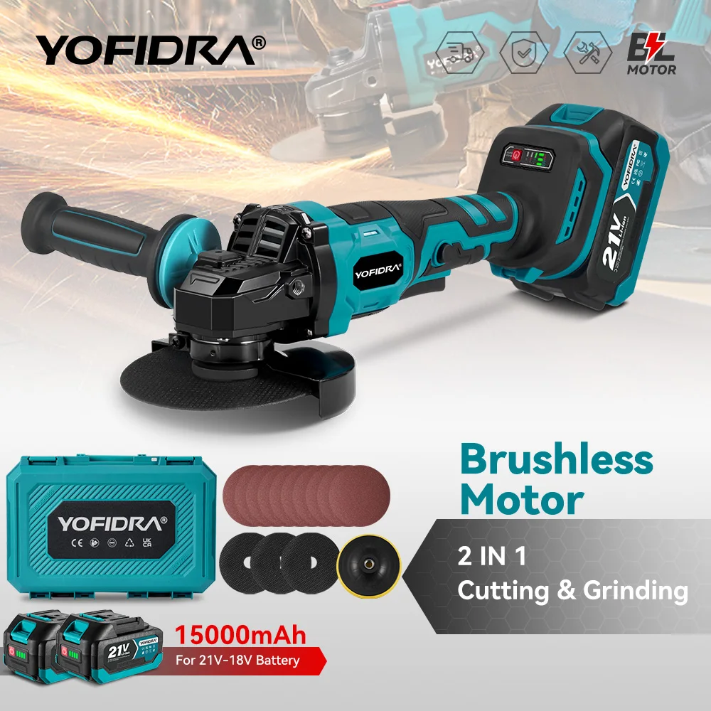 YOFIDRA 125mm Elektrische Borstelloze Hoekslijpmachine 3 Versnellingen Houtbewerking Polijstmachine Snijmachine Elektrisch Gereedschap Voor Makita 21V Accu